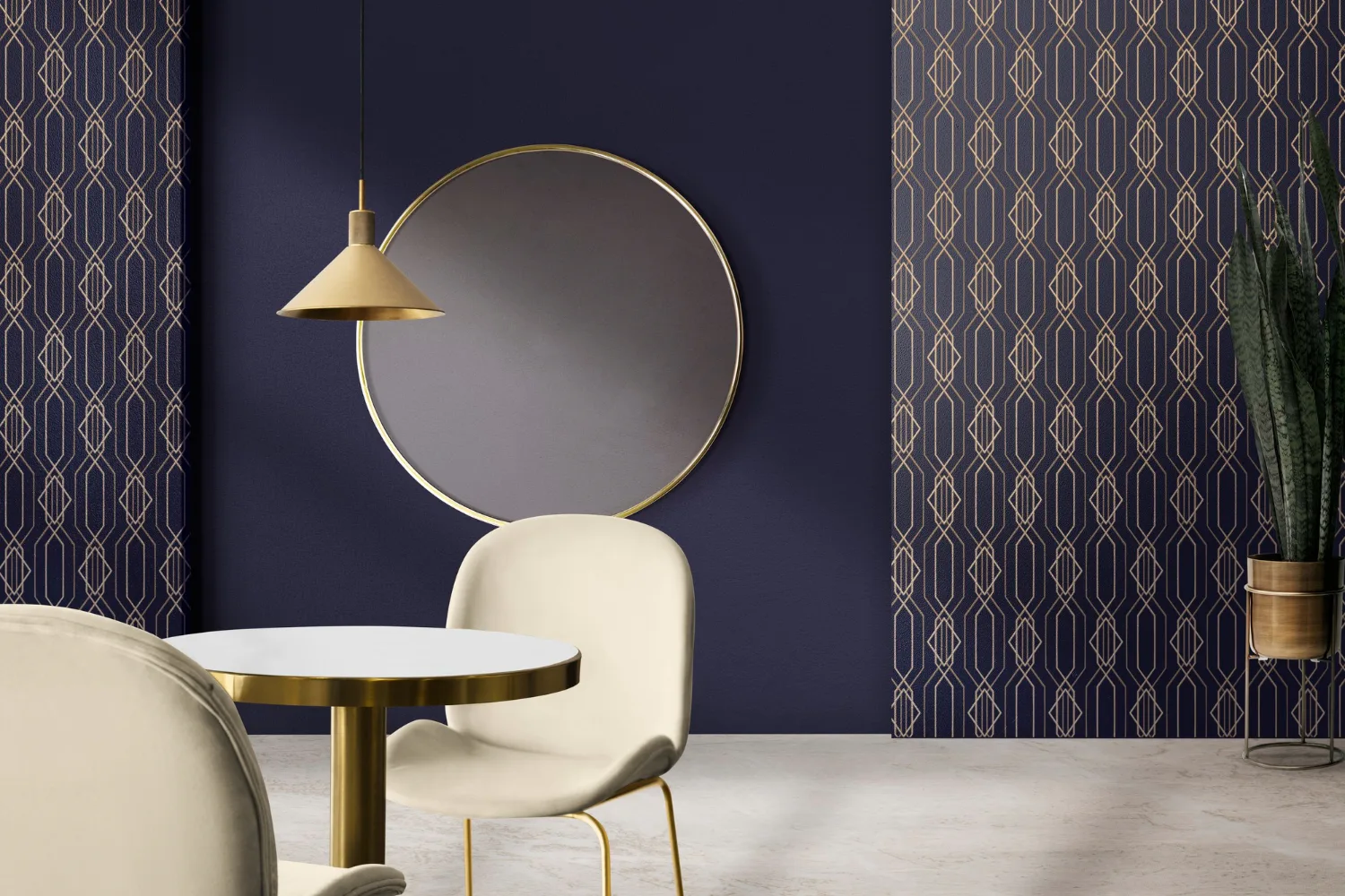 Luxury wallpaper installation in Atlanta - geometric gold pattern in elegant dining room