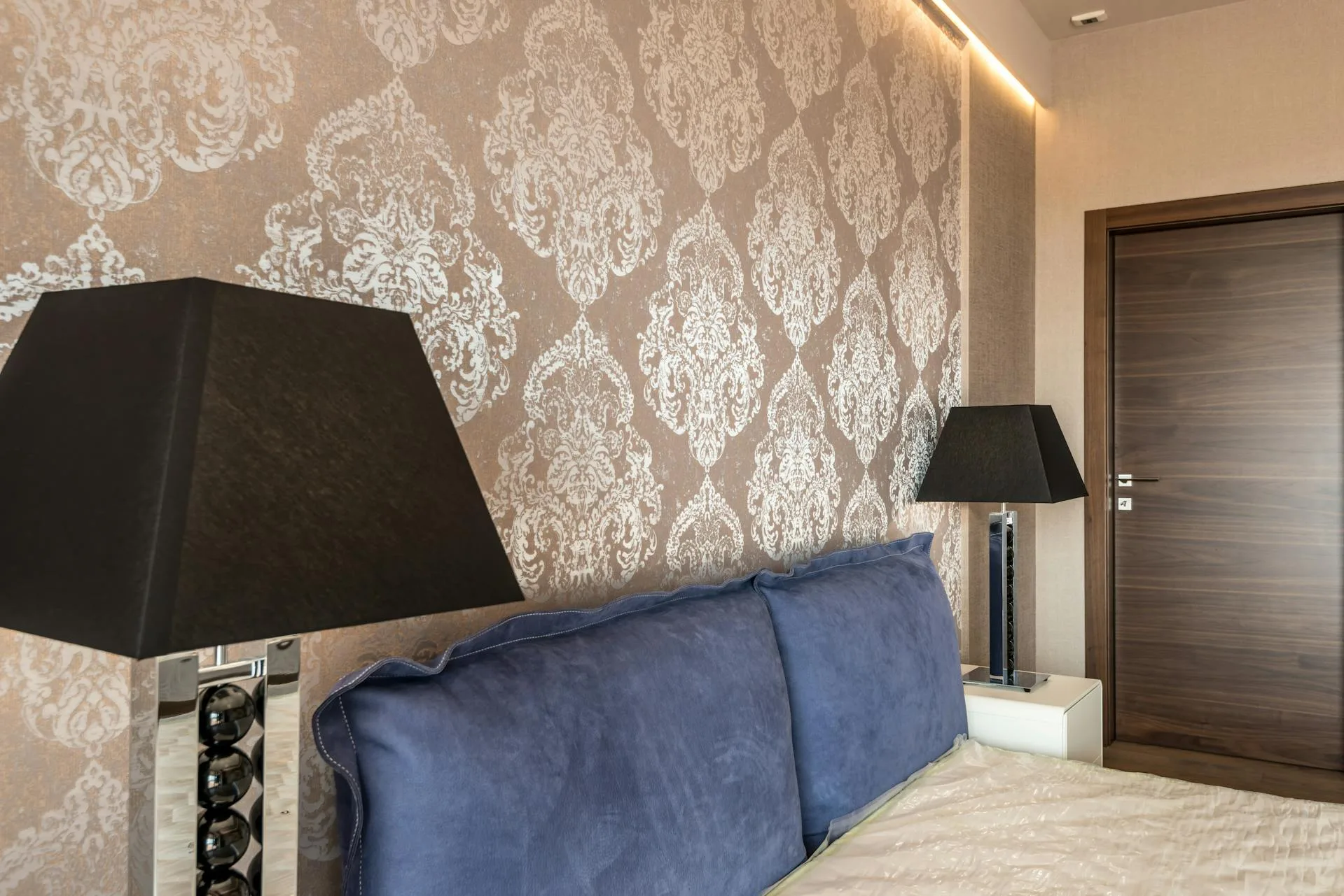 Luxury damask wallpaper installation in Atlanta bedroom